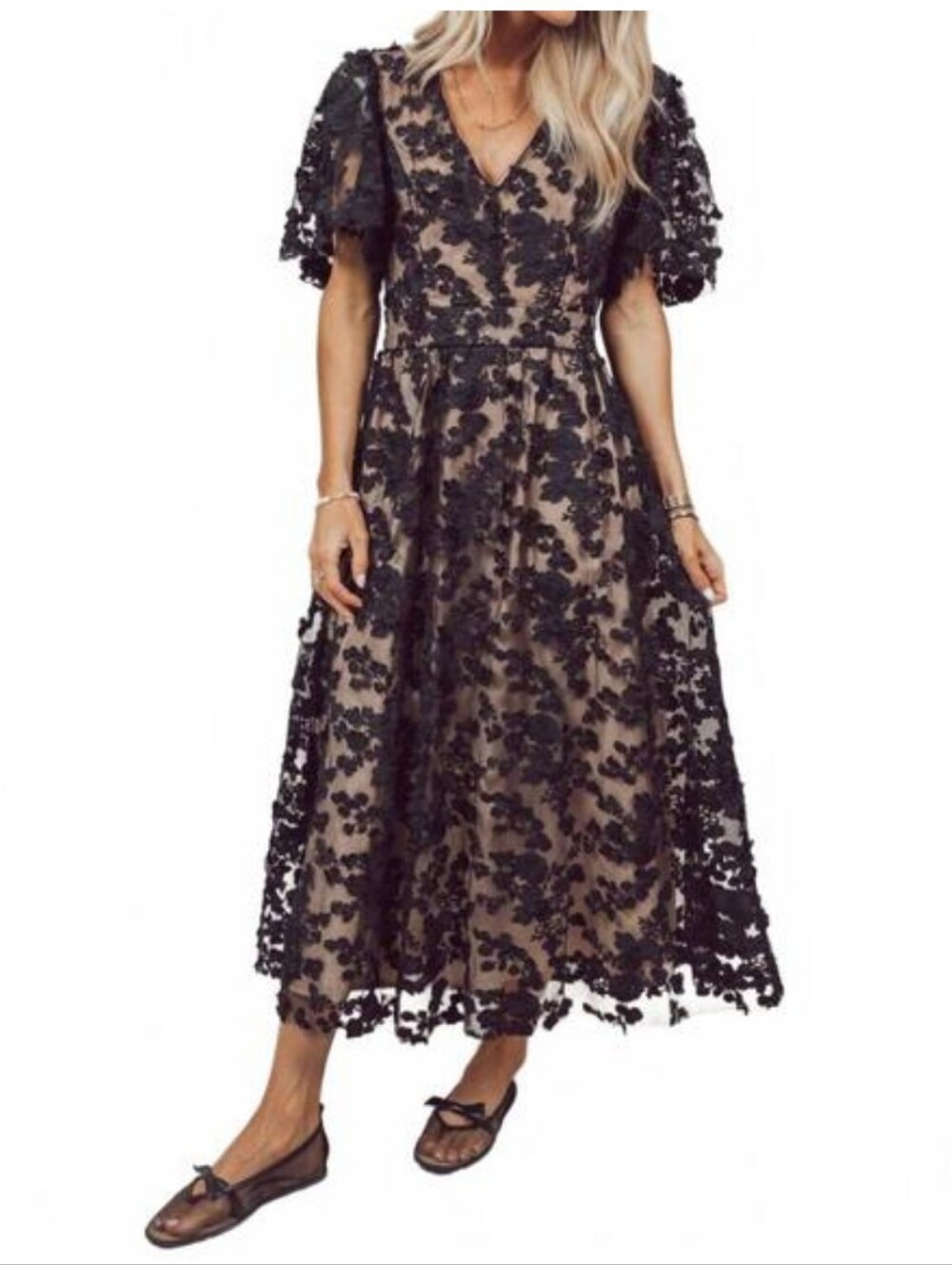 NWT NEW Flying Tomato Black Floral Woven Lace Midi Dress Flutter Sleeve M Medium